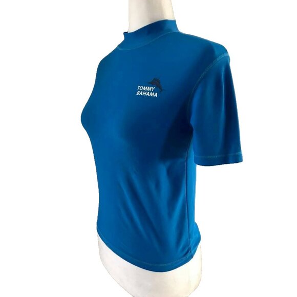 TOMMY BAHAMA Short Sleeve Rash Guard Top Womens Small Blue Poly Spandex Blend - Picture 3 of 5